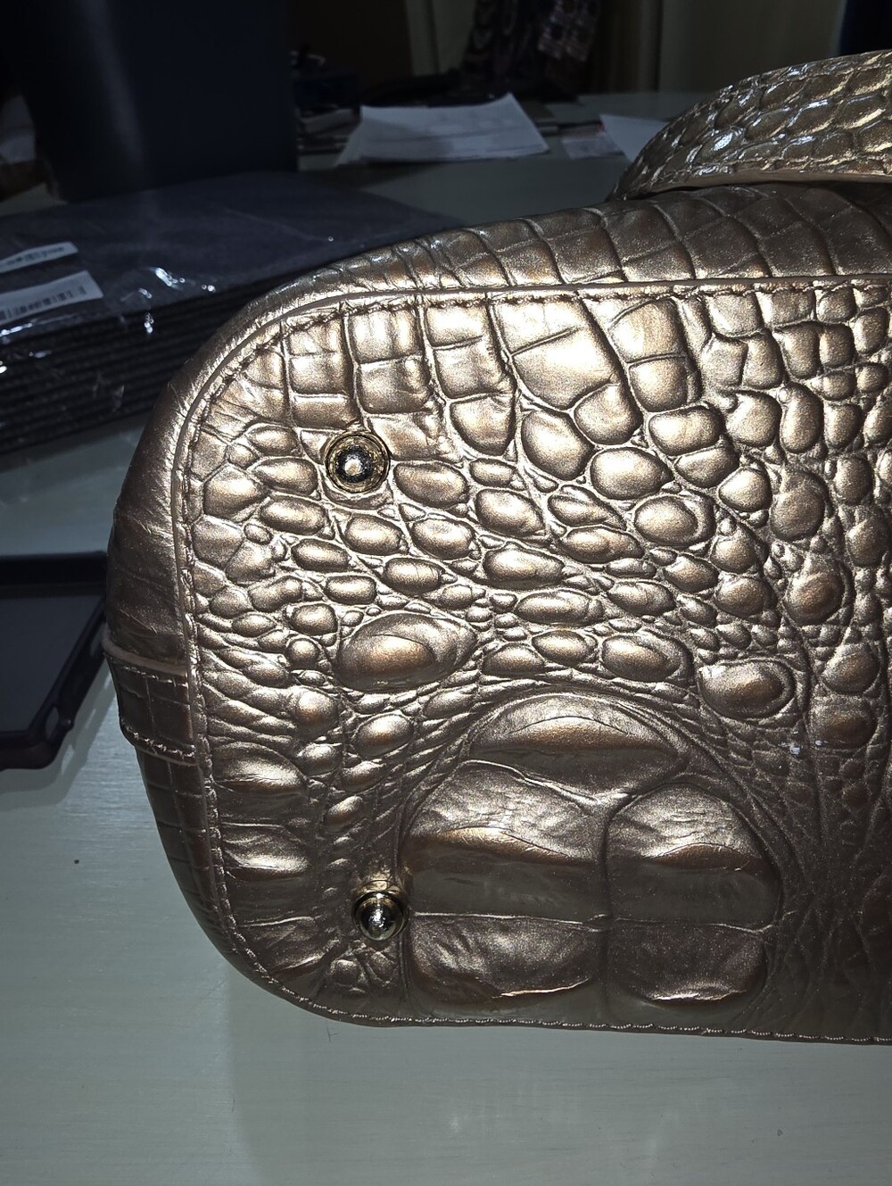 Brahmin Metallic Bronze Gold Croc Embossed Leather Large Tote Bag Tassel Charm - Picture 7 of 12